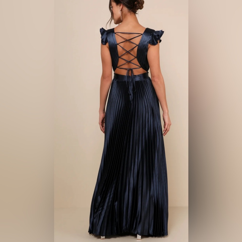 Lulus Exceptional Drama Navy Blue Satin Lace-Up Pleated Maxi Dress